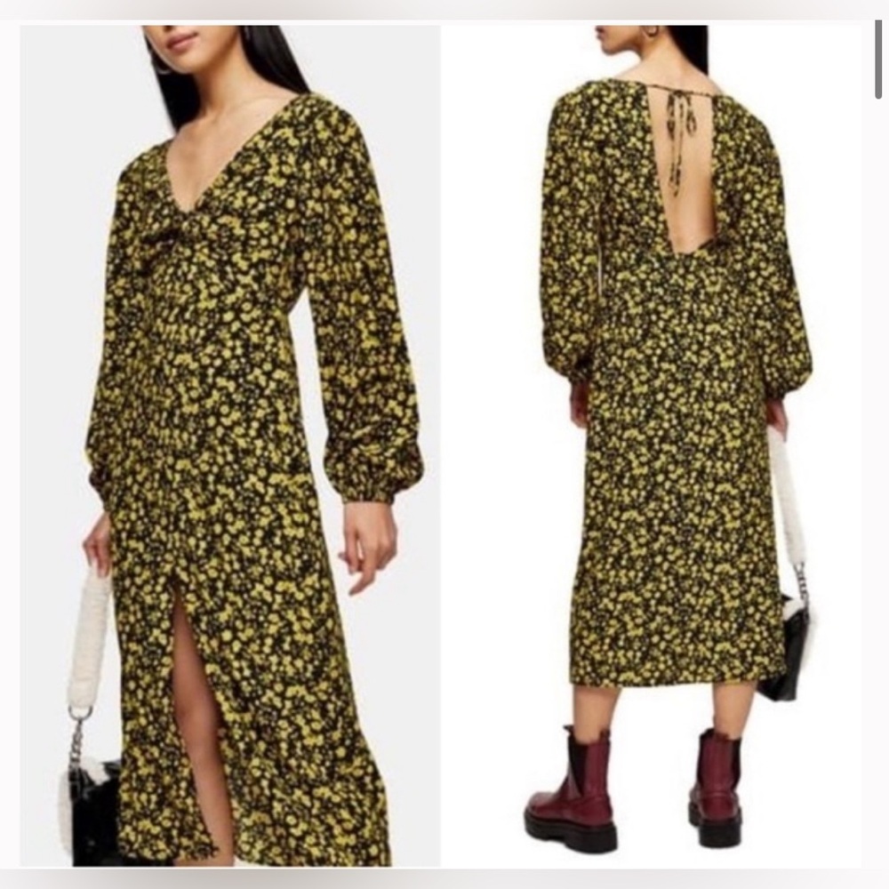 Topshop floral‎ print godet twist long sleeve yellow maxi dress size 6